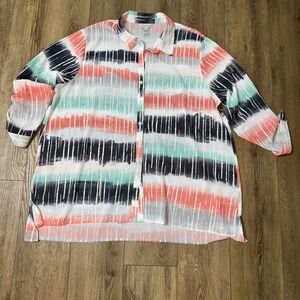Womens Button‎ Up Tunic 2X Multicolor  Blouse roll tab Artsy stretch